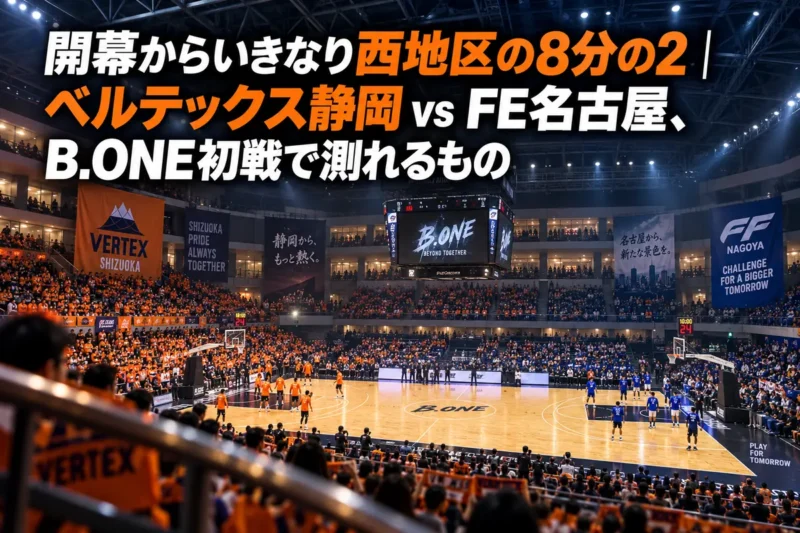 オレンジ色の観客席に囲まれたバスケットボールアリーナで、試合開始前のコートが明るく照らされている様子。